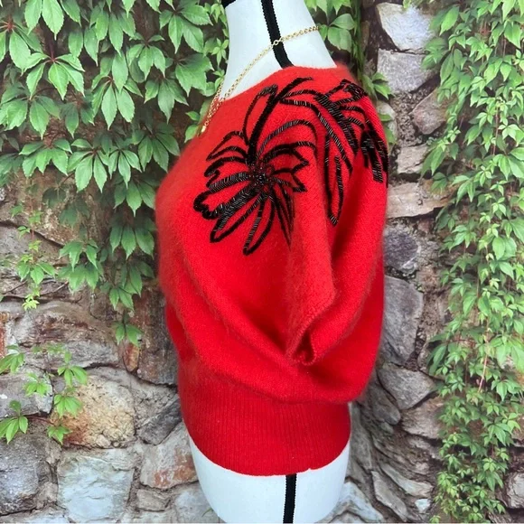 VINTAGE CHRISTIAN DIOR SEPARATES Beaded Red Lambswool Angora Sweater Blend, M - Picture 6 of 10